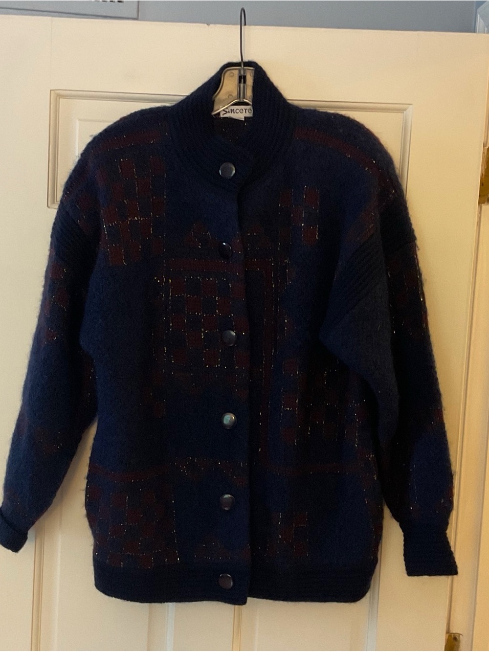 Vintage Sincere Mohair Blend Cardigan Sweater Blue Metallic Women's Large